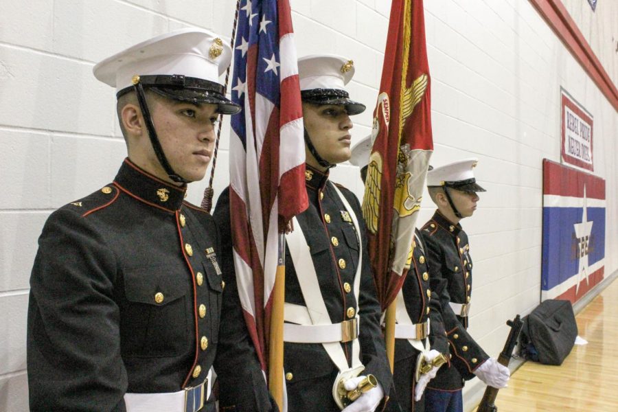 The Hays MJROTC color guard presents at Friday's Veteran's Day ceremony. photo by Jonathan Castillo