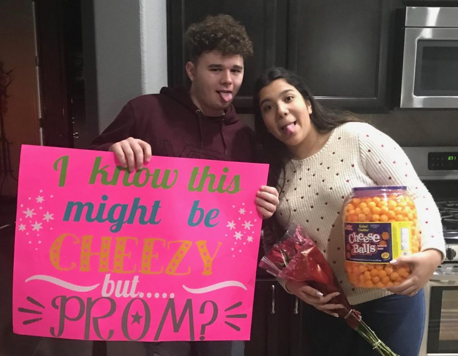 Junior Mark Britt's " CHEEZY " promposal to Sophomore Carol Aguirre.